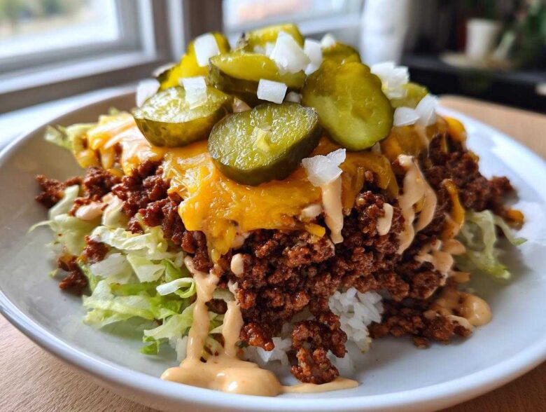 A close-up of a delicious cheeseburger bowl featuring seasoned ground beef, melted cheese, lettuce, rice, and topped with pickles.