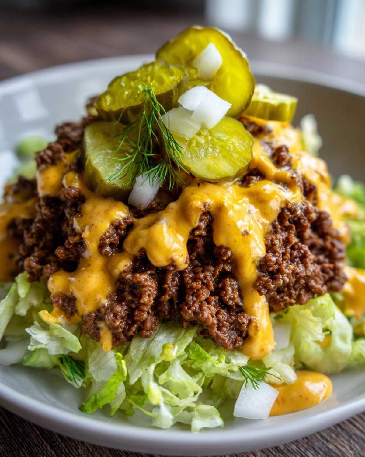 Close-up of a cheeseburger bowl featuring seasoned ground beef, cheese sauce, lettuce, pickles, and onions.