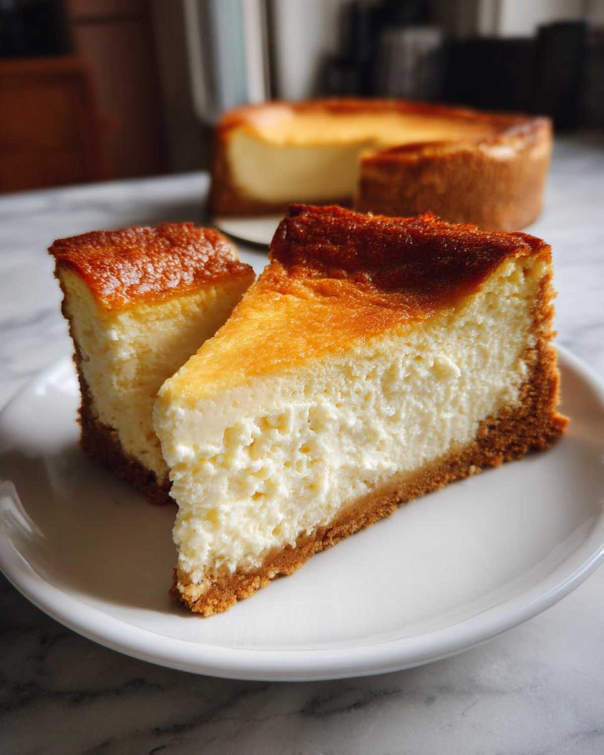 Two slices of creamy, golden-topped cheesecake resting on a white plate, showcasing the graham cracker crust.