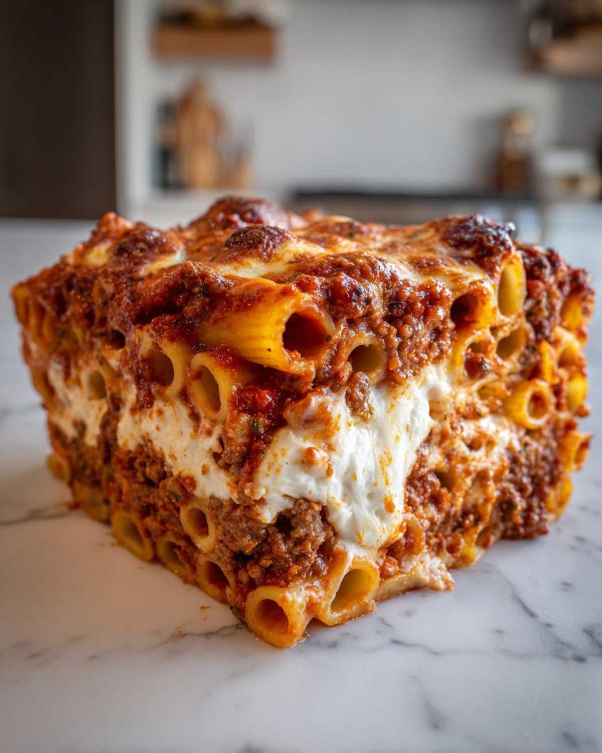 A thick, square slice of cheesy pasta bake featuring rigatoni pasta, rich meat sauce, and melted mozzarella.