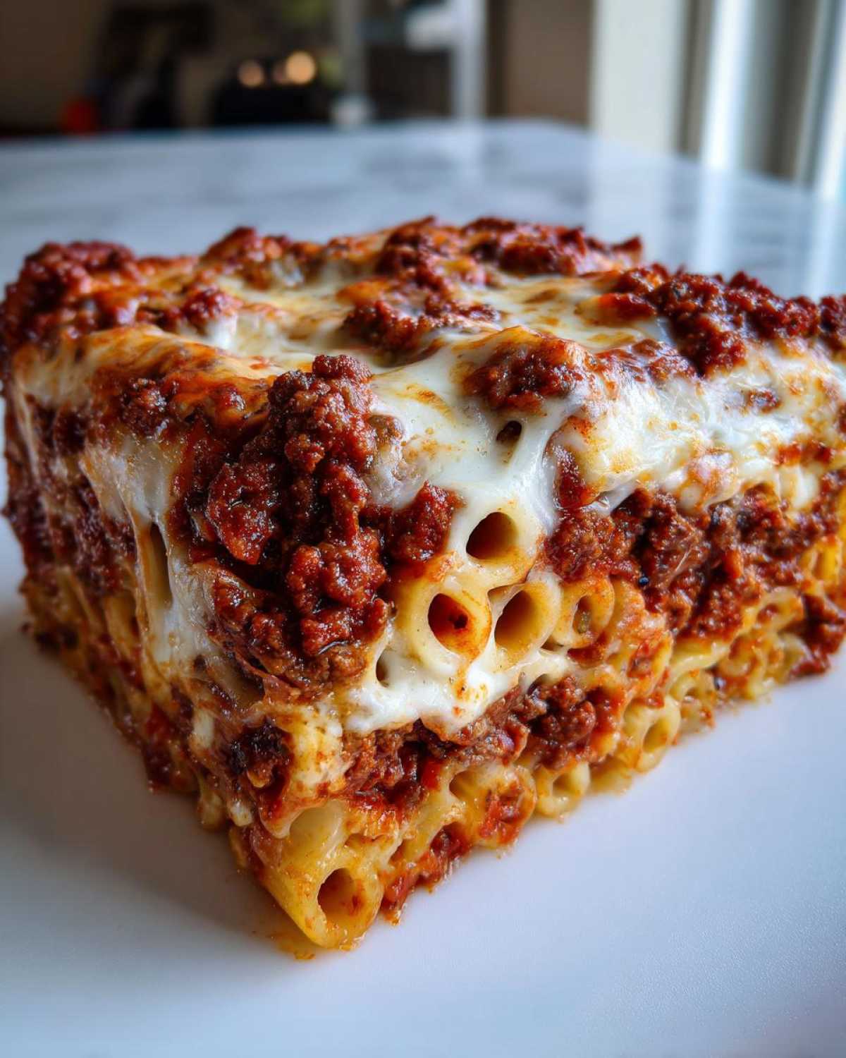A thick, square slice of cheesy pasta bake with rigatoni noodles, rich meat sauce, and melted mozzarella cheese.