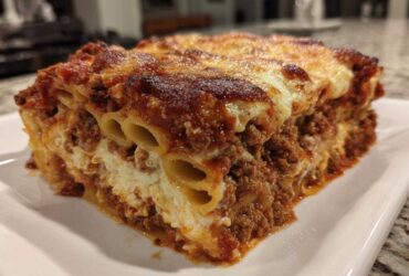 Close-up of a hearty slice of baked ziti pasta bake with meat sauce and melted cheese topping.