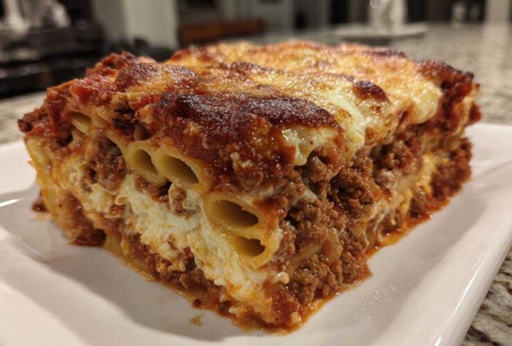 Close-up of a hearty slice of baked ziti pasta bake with meat sauce and melted cheese topping.