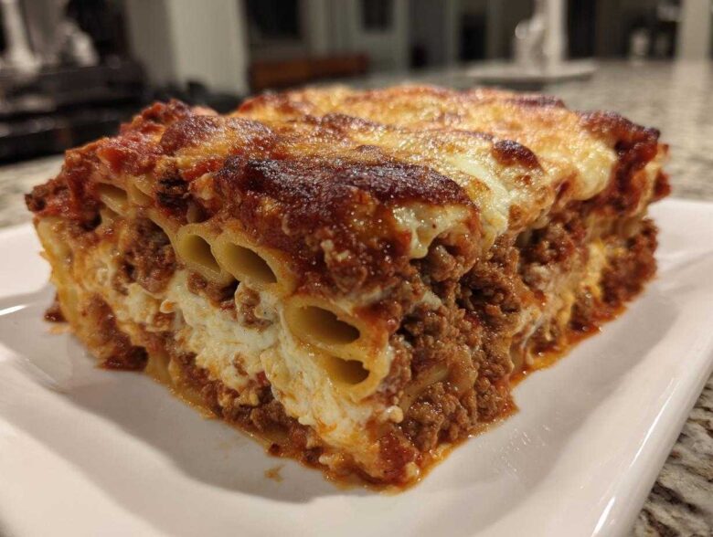 Close-up of a hearty slice of baked ziti pasta bake with meat sauce and melted cheese topping.