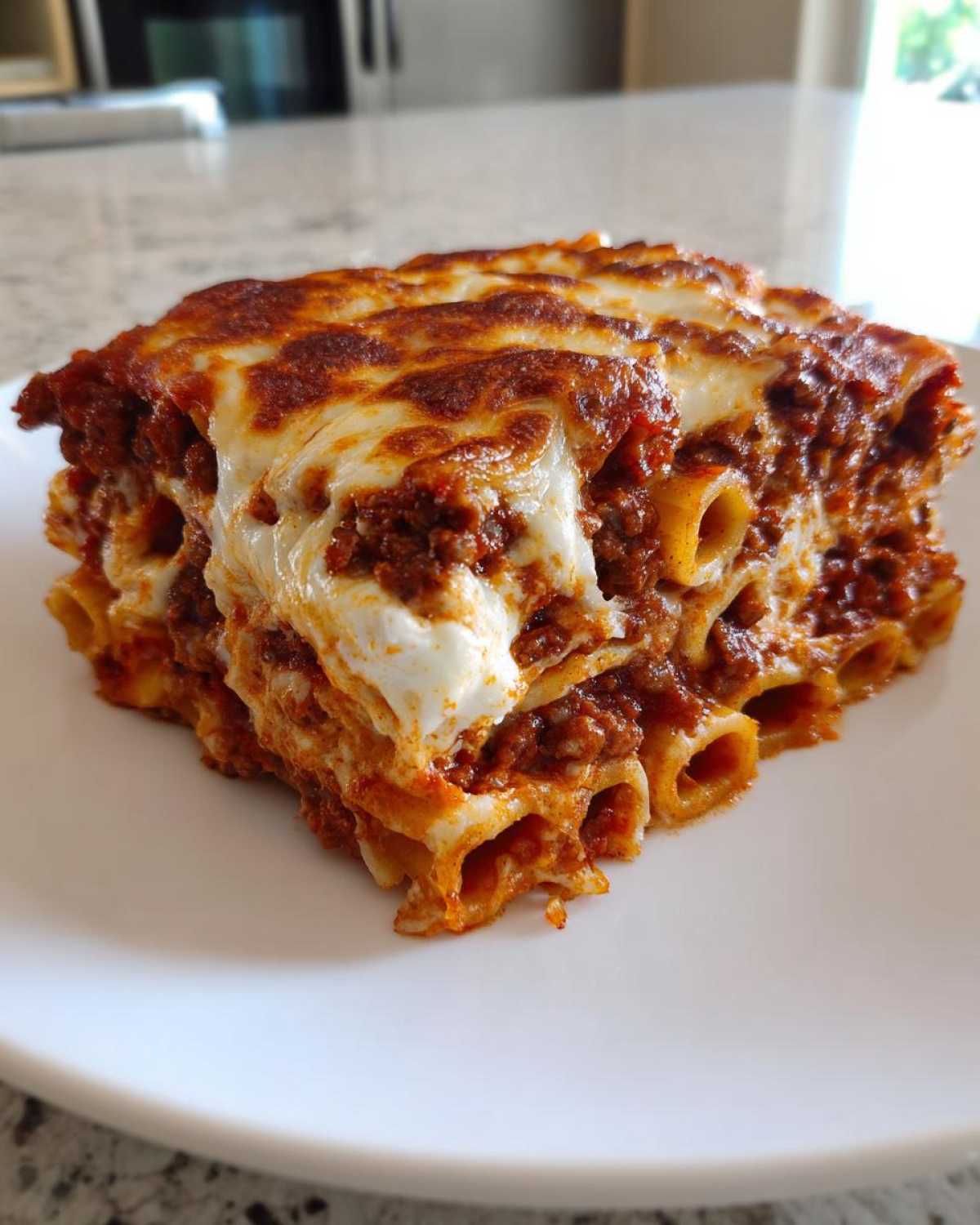A hearty square serving of cheesy pasta bake featuring rigatoni tubes, rich meat sauce, and melted, browned mozzarella cheese.