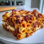Close-up of a hearty slice of cheesy pasta bake featuring rigatoni tubes, rich meat sauce, and melted cheese topping.