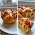 A composite image showing a whole and a halved pepperoni pizza muffin, highlighting the cheesy, baked topping and fluffy interior.