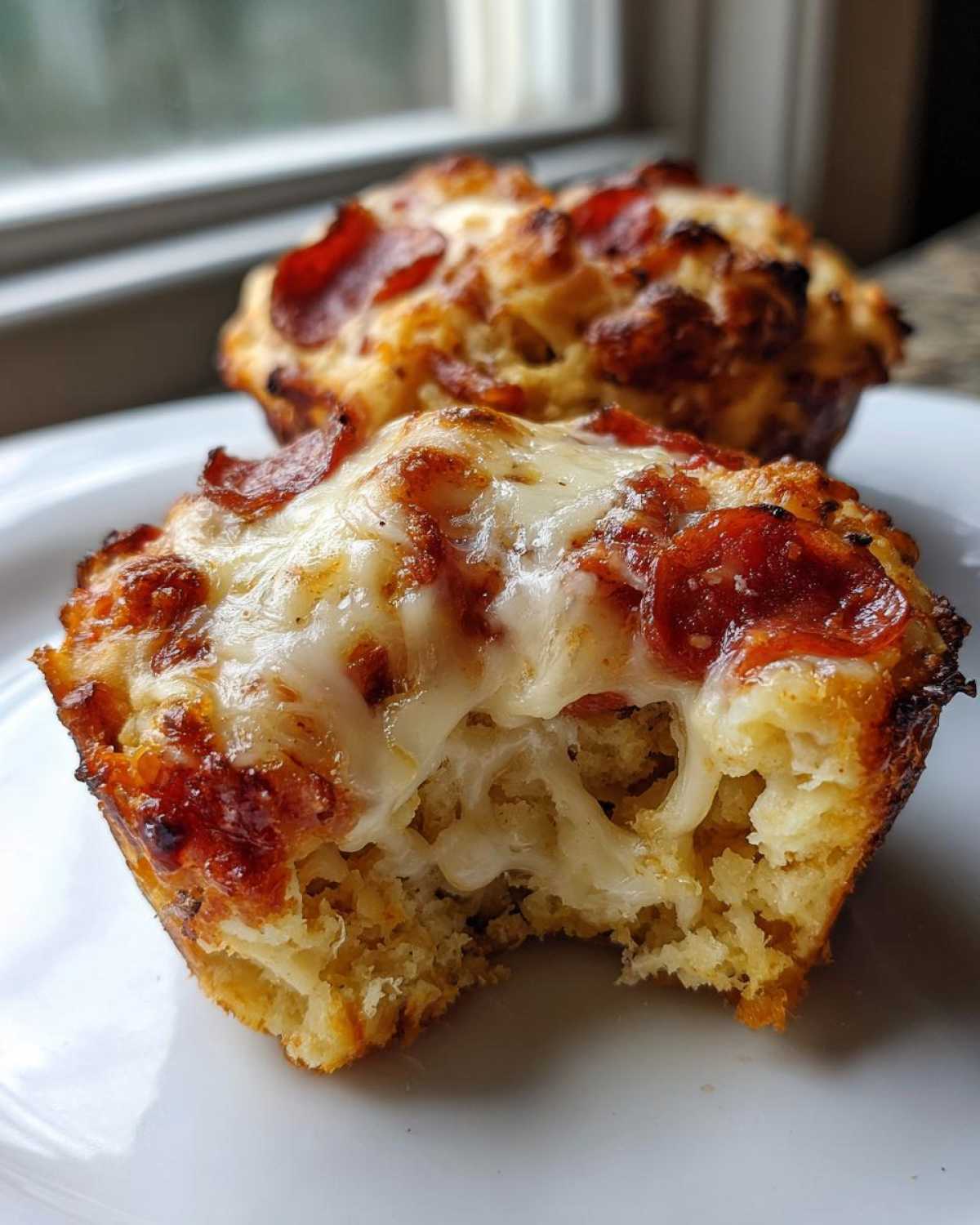 Close-up of a cheesy pepperoni pizza muffins with a bite taken out, showing melted mozzarella cheese stretch.