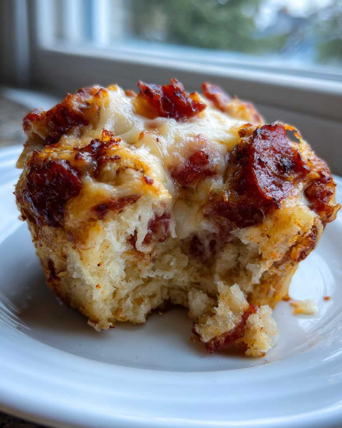 A close-up of a single, cheesy pizza muffin with pepperoni on top, showing a bite taken out of the fluffy interior.