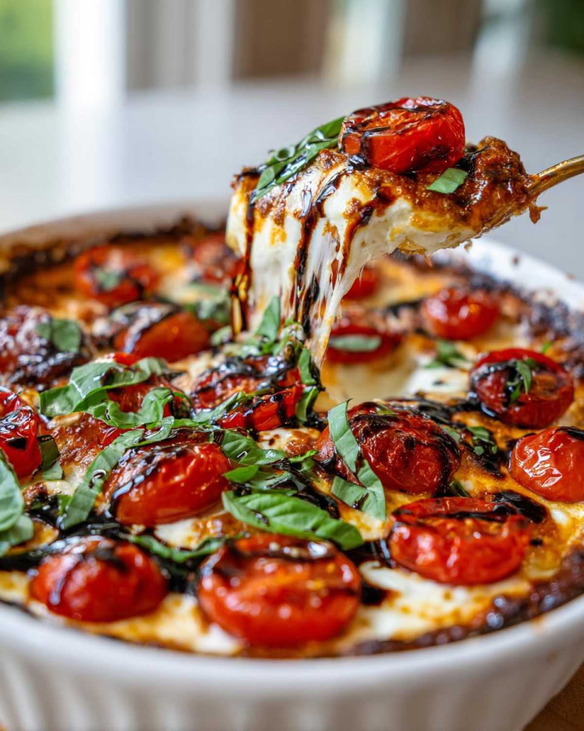 A spoonful of hot, cheesy bruschetta dip is pulled from the white baking dish, showing melted cheese strings, roasted tomatoes, and balsamic glaze.