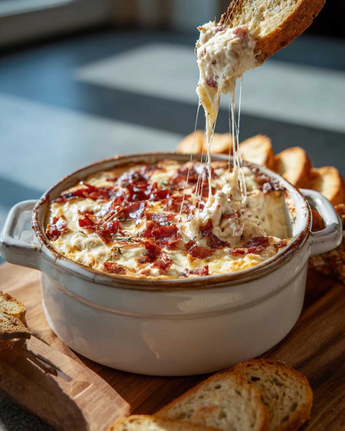 A creamy, cheesy reuben dip topped with bacon, being scooped with a piece of toasted bread showing a long cheese pull.
