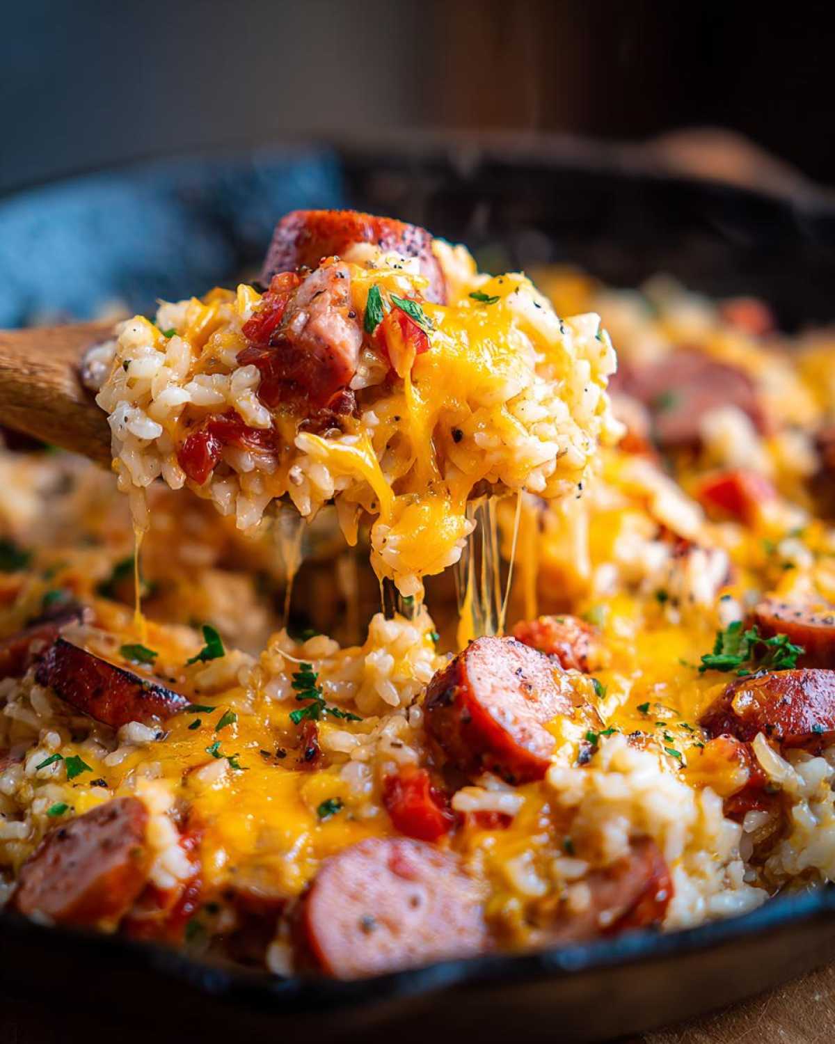 A wooden spoon lifts a portion of cheesy sausage and rice, showing a dramatic cheese pull over the skillet.