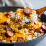 A spoonful of cheesy sausage and rice being lifted from a skillet, showing melted cheddar cheese strings.
