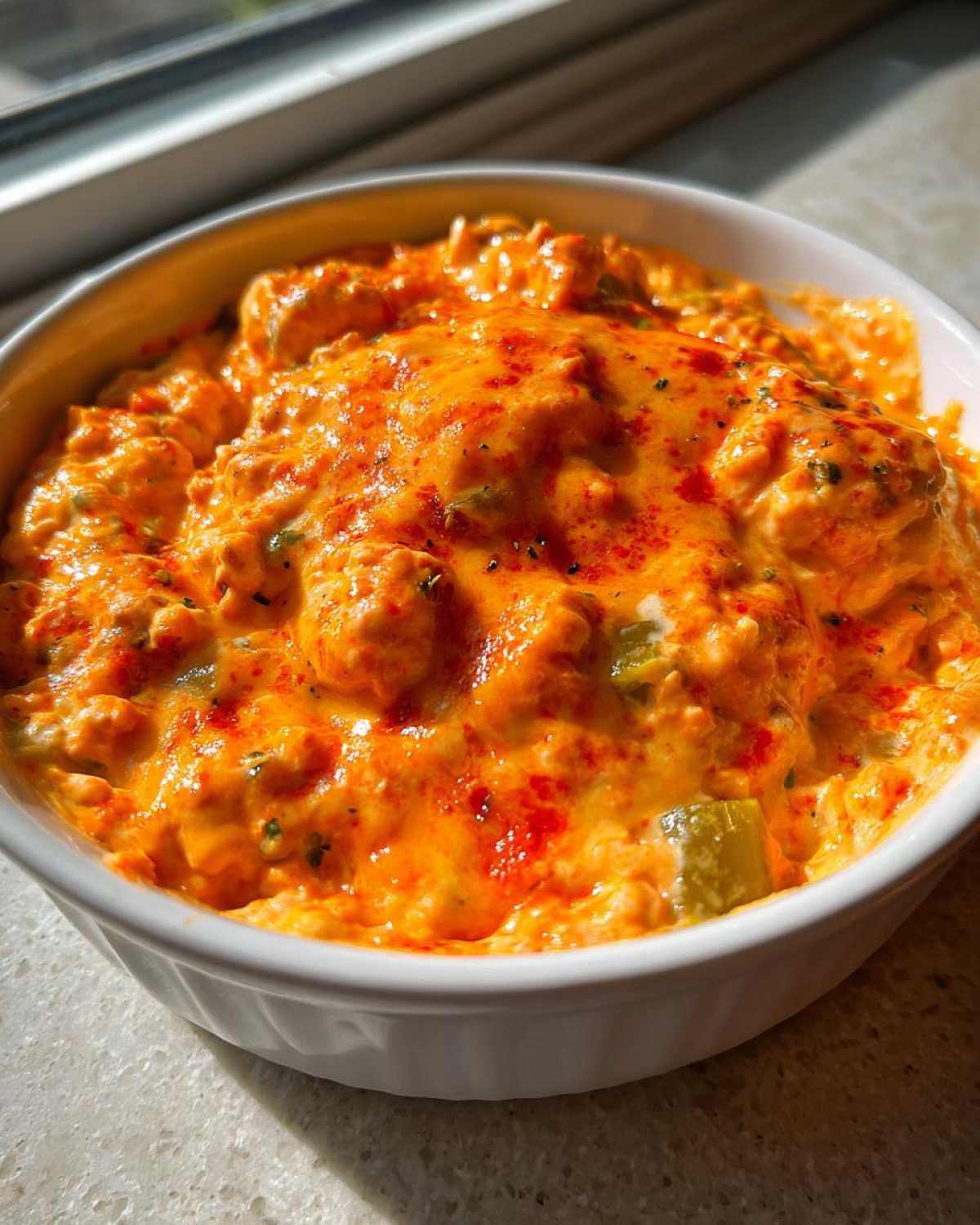 Close-up of hot, creamy, orange Rotel dip topped with spice in a white serving bowl.
