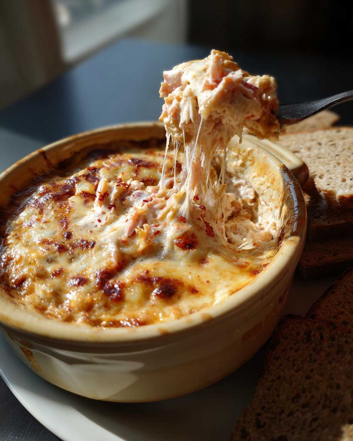 A fork pulls a cheesy, stringy scoop of hot reuben dip from a baked ceramic dish, served with rye bread slices.