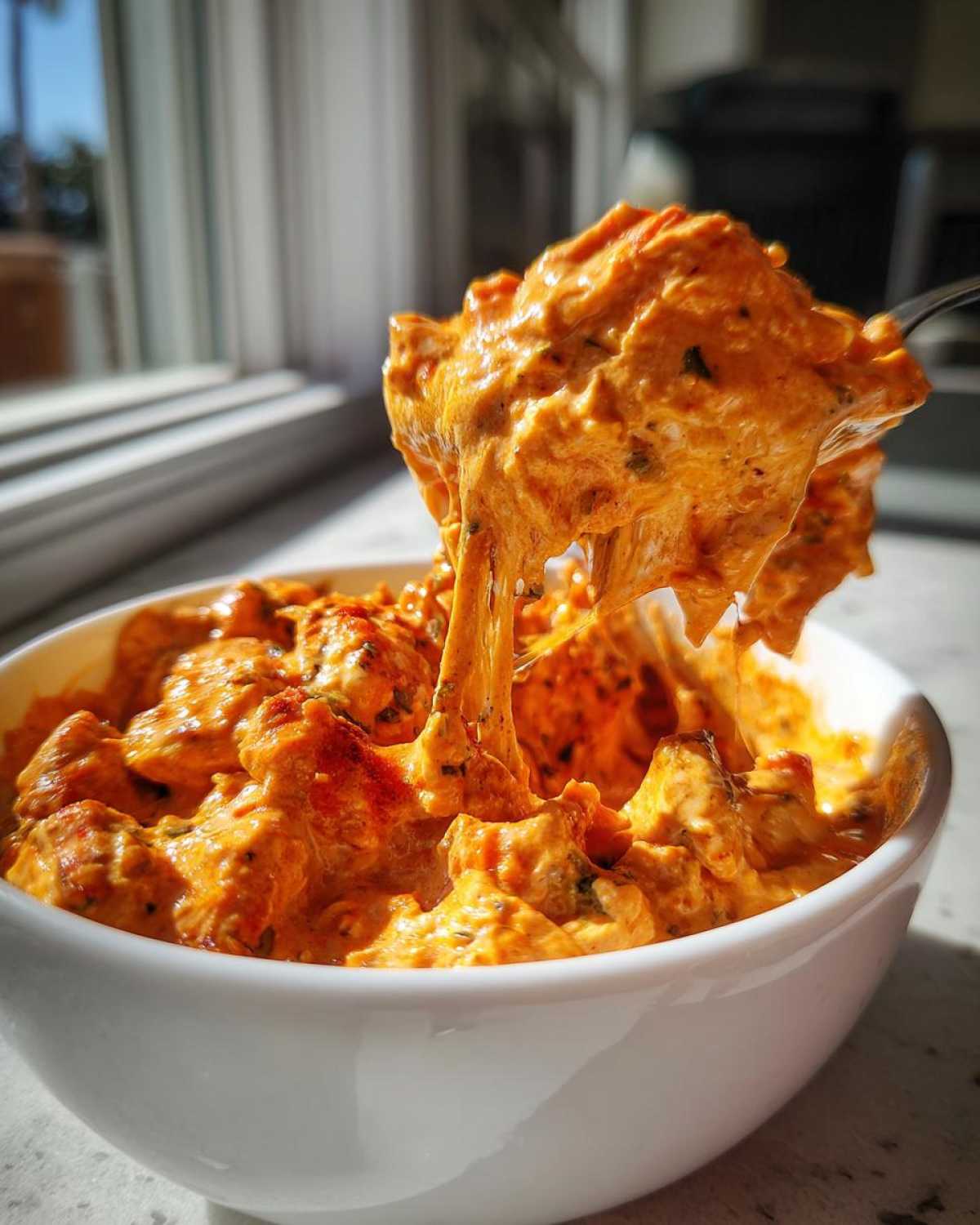 A spoonful of hot, cheesy, orange rotel dip being lifted from a white bowl, showing extreme cheese pull.