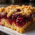 Close-up of a moist slice of cherry dump cake showing the bright red cherry filling and crumb topping.