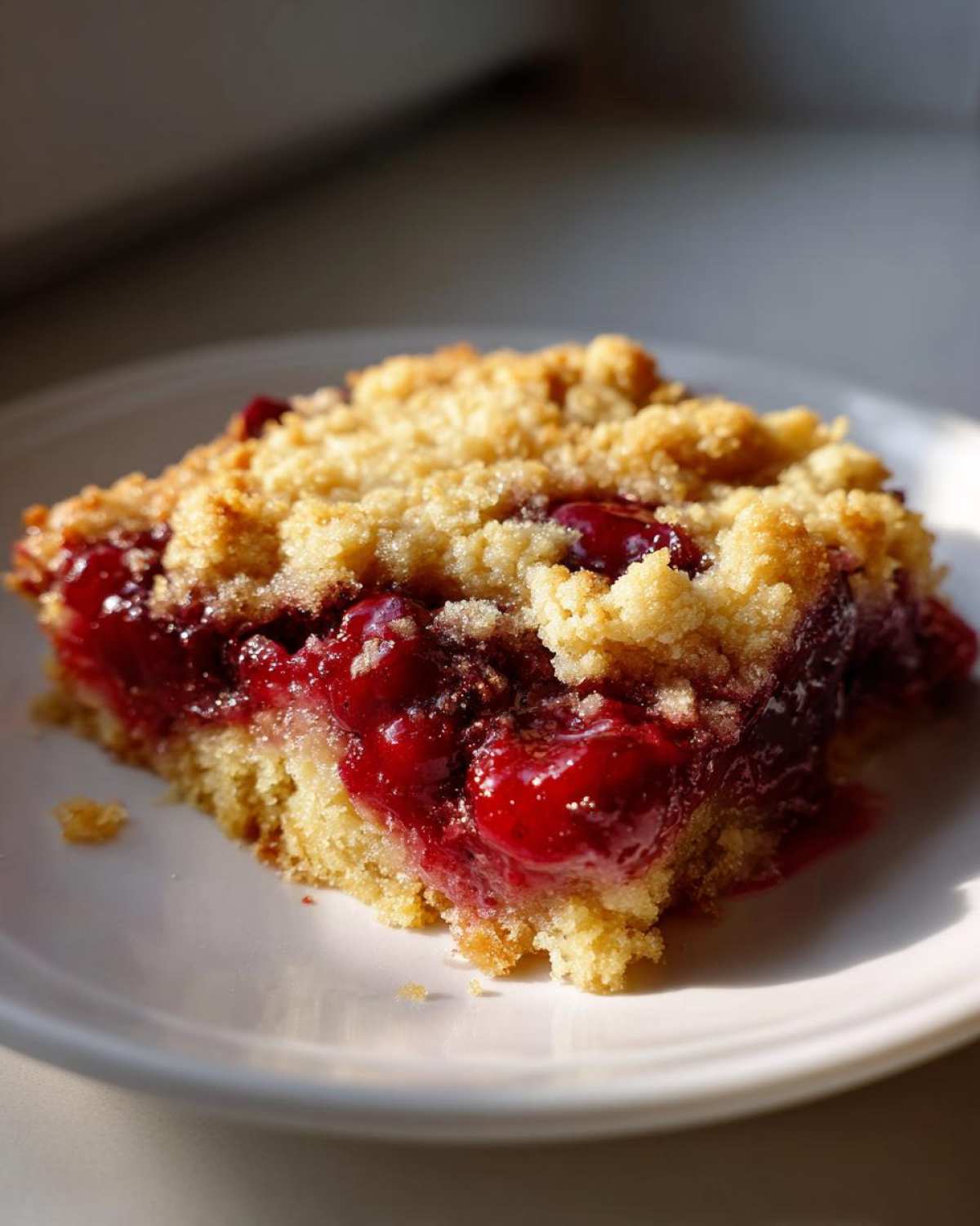 Close-up of a square slice of cherry dump cake with a crumbly topping and bright red cherry filling.
