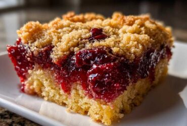 Close-up of a moist slice of cherry dump cake showing the bright red cherry filling and crumb topping.