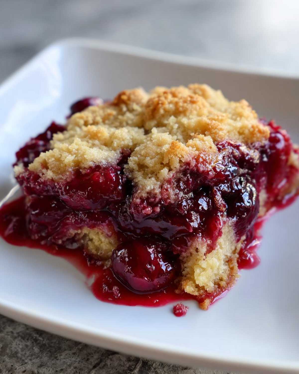 Close-up of a serving of moist cherry dump cake with a crumbly topping on a white plate.