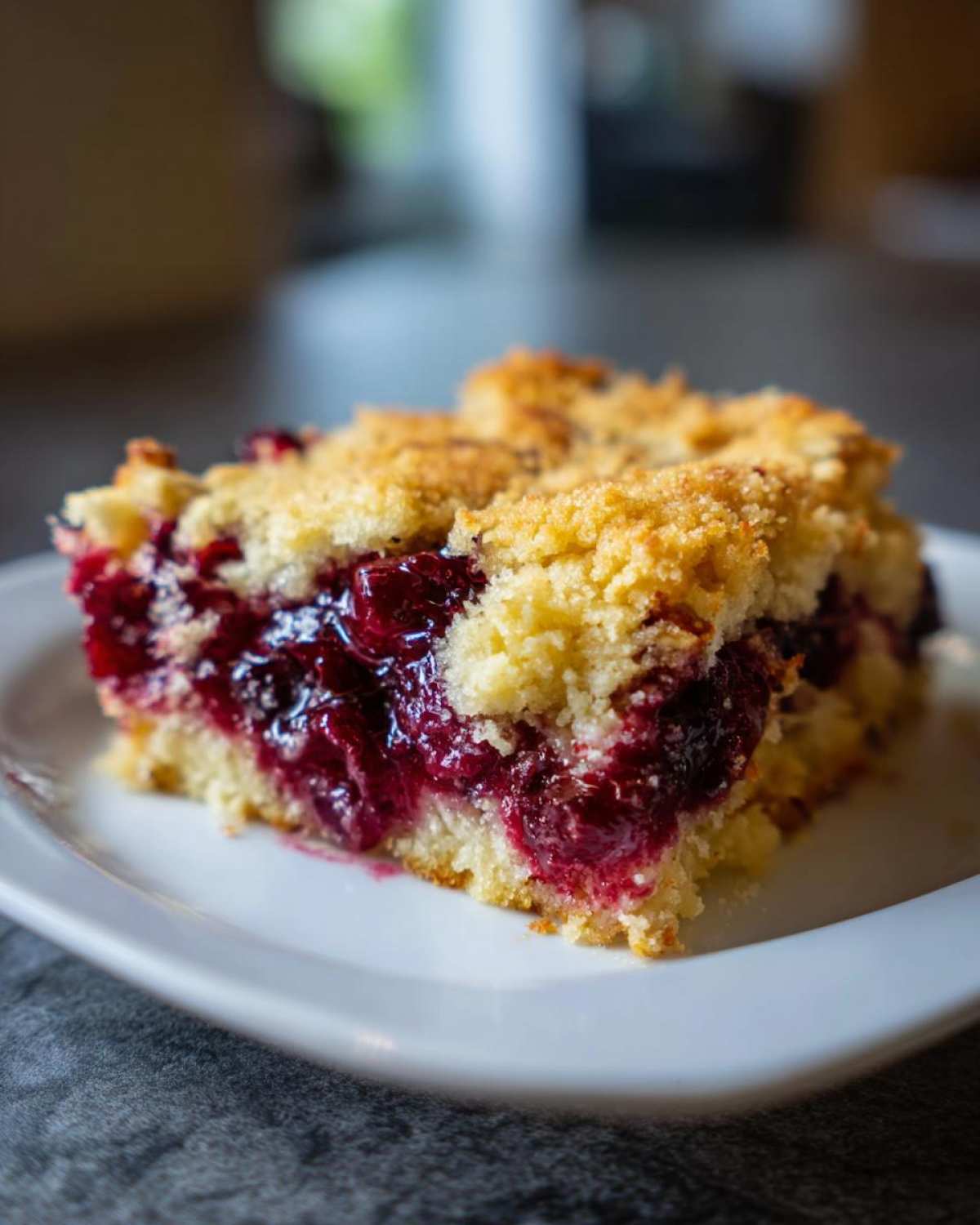 Close-up of a square slice of rich cherry dump cake with a crumbly topping on a white plate.