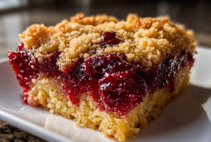 Close-up of a moist slice of cherry dump cake showing the bright red cherry filling and crumb topping.