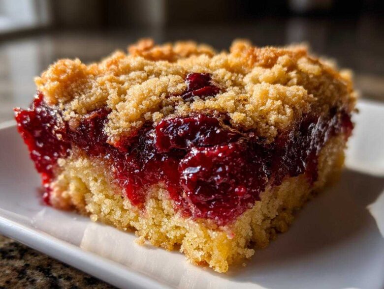 Close-up of a moist slice of cherry dump cake showing the bright red cherry filling and crumb topping.