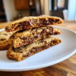 Three halves of chewy chocolate chip cookies stacked showing molten chocolate centers.