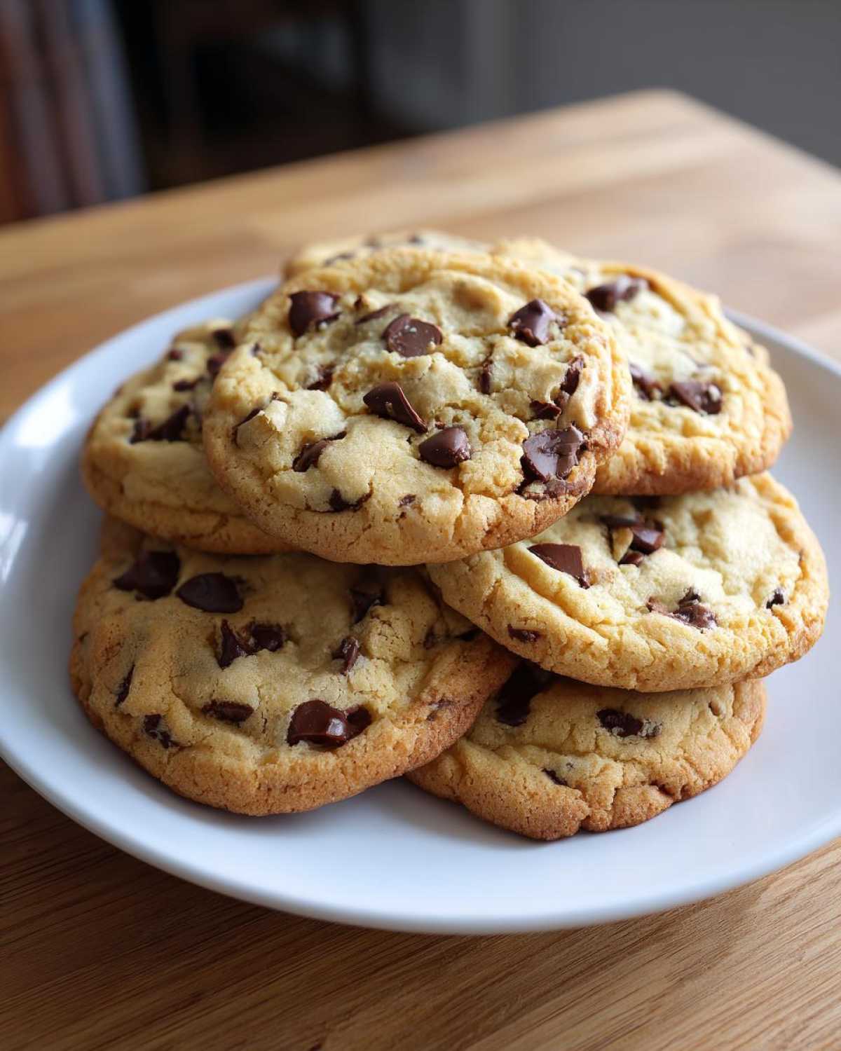 A stack of freshly baked, golden brown chewy chocolate chip cookies loaded with melted chocolate chunks.