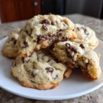 A stack of thick, chewy chocolate chip cookies on a white plate, one broken in half showing the soft interior.