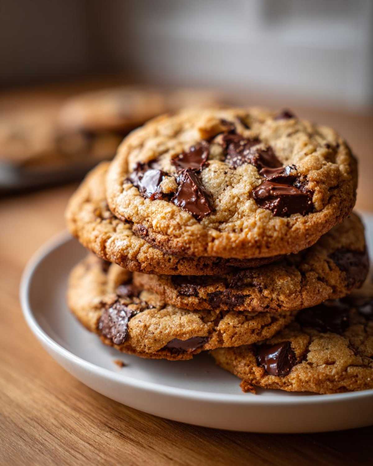 A close-up stack of four freshly baked chewy chocolate chip cookies loaded with melted chocolate chunks.