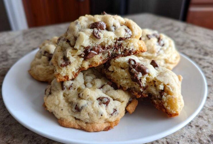 A stack of thick, chewy chocolate chip cookies on a white plate, one broken in half showing the soft interior.