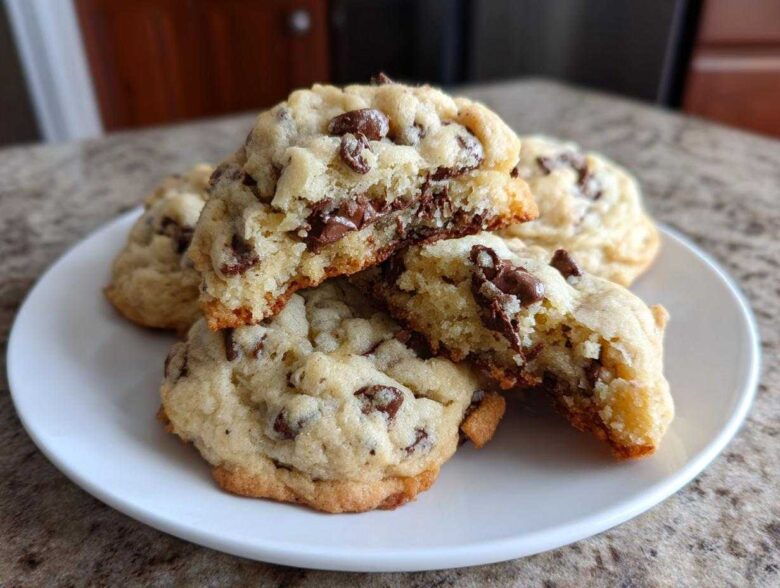 A stack of thick, chewy chocolate chip cookies on a white plate, one broken in half showing the soft interior.