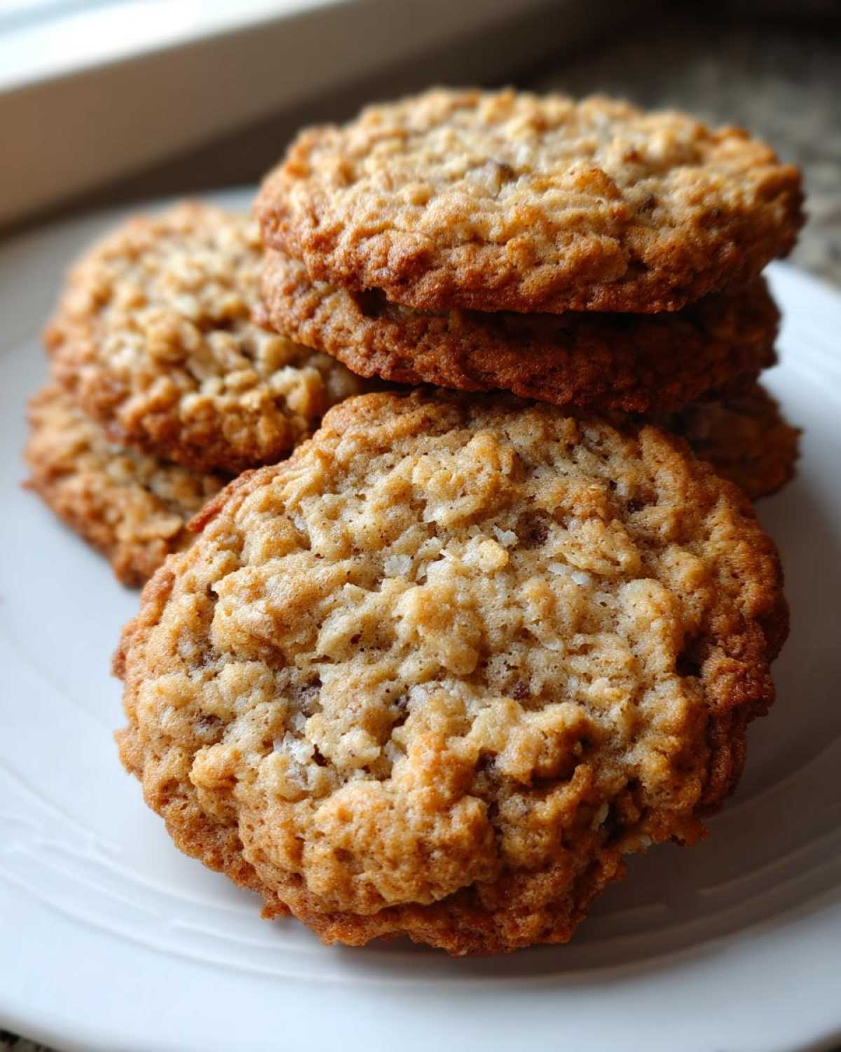 Close-up of a stack of golden brown, chewy oatmeal cookie treats on a white plate.