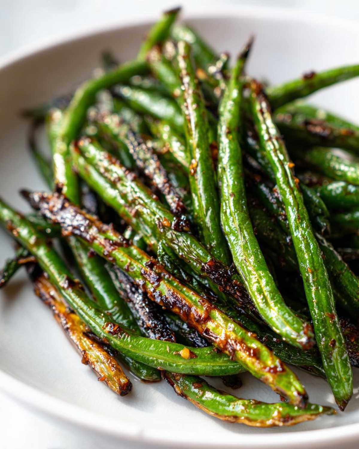 Close-up of vibrant, blistered chinese green beans with garlic sauce piled in a white bowl.