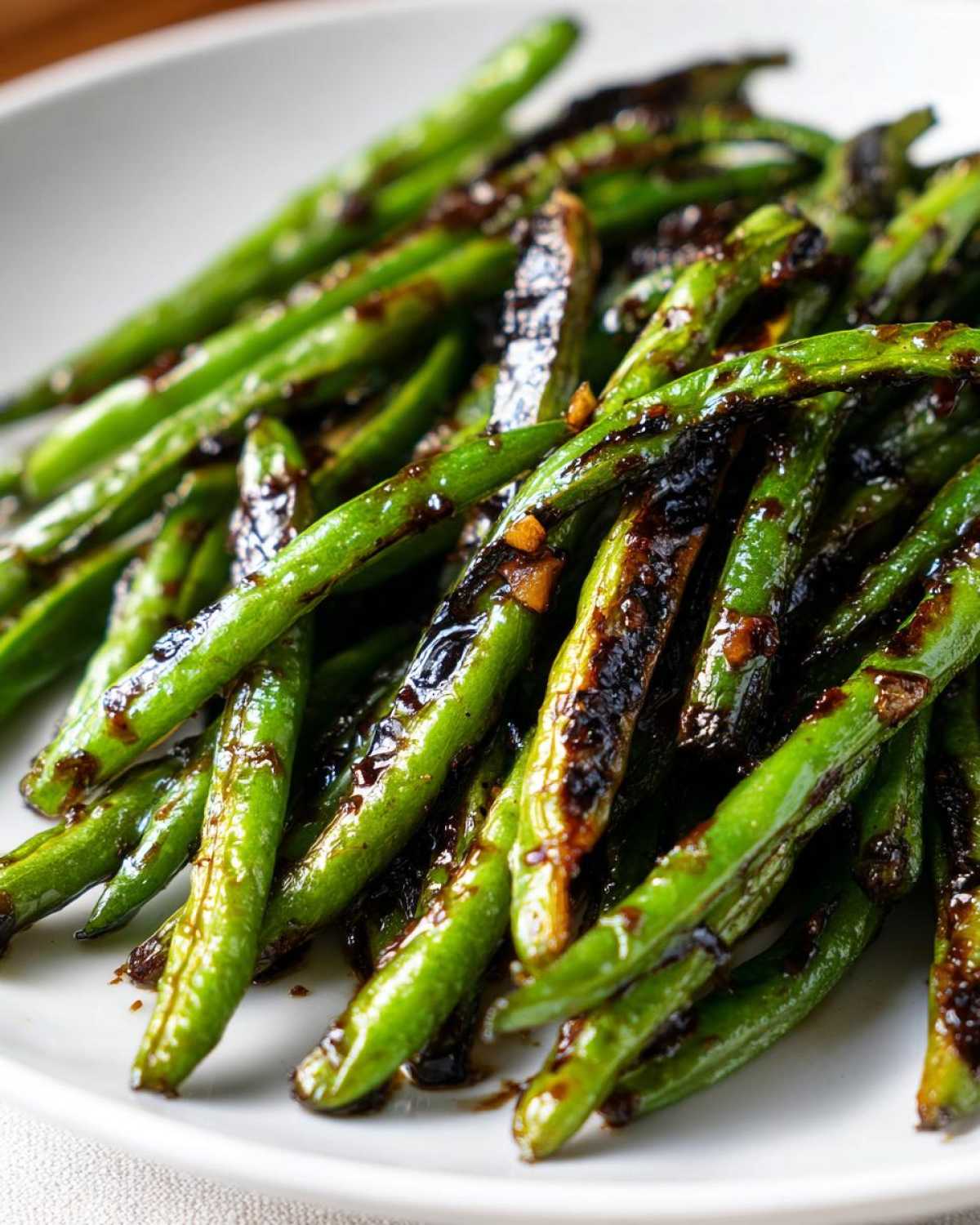 Close-up of bright green, blistered chinese green beans with garlic sauce coating.