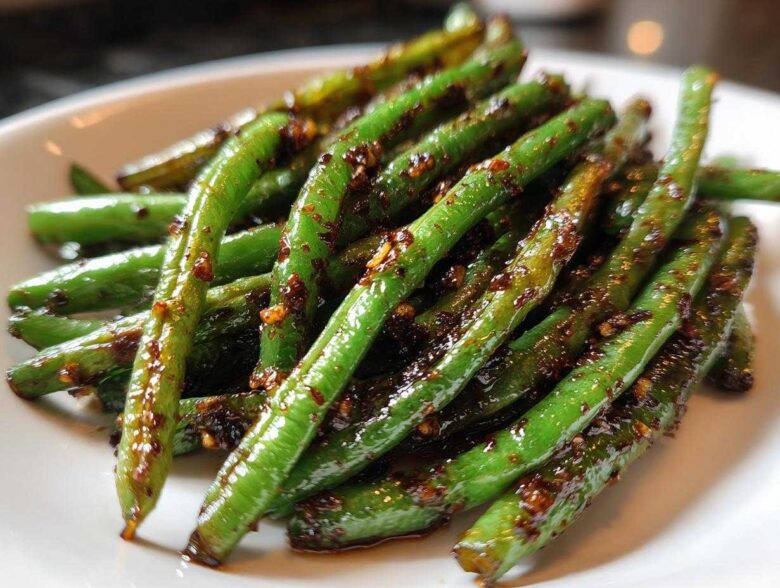 Bright green, glossy Chinese green beans with garlic sauce piled on a white plate.