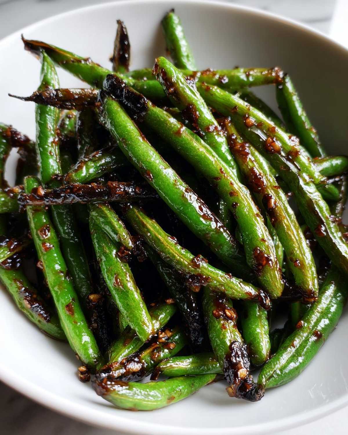 Vibrant green beans coated in a dark, savory garlic sauce, ready to serve.