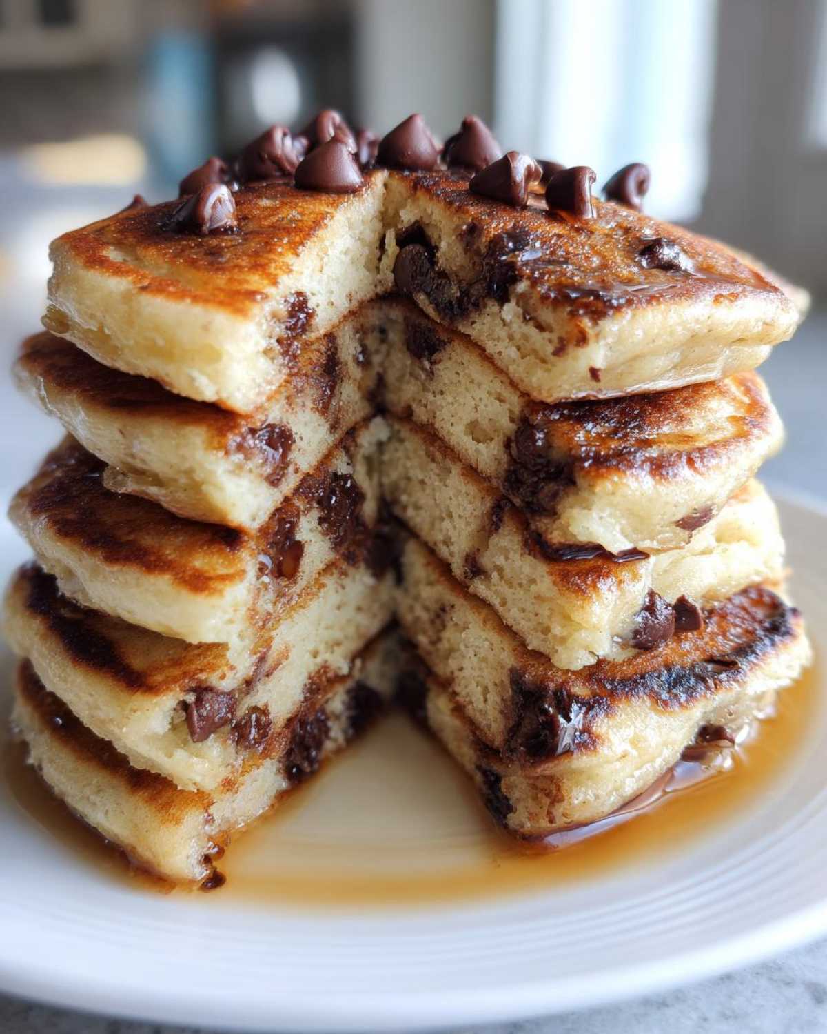 A tall stack of fluffy chocolate chip pancakes, cut open to show melted chips, drizzled with syrup.