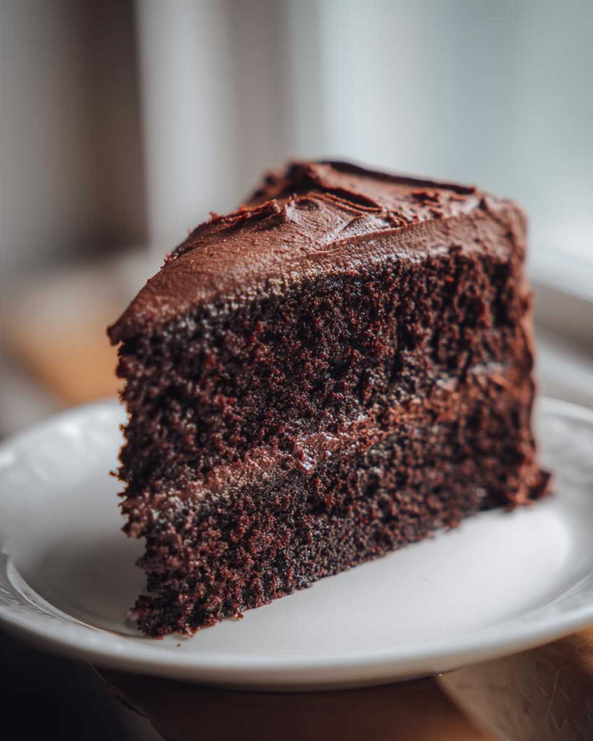 A close-up of a moist slice of dark chocolate fudge cake topped with thick chocolate frosting, served on a white plate.