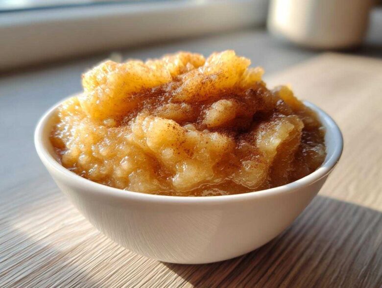 A close-up of chunky, homemade applesauce topped with cinnamon in a white bowl.