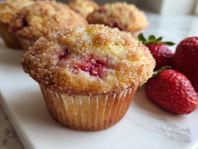 A close-up of a freshly baked strawberry muffin topped with cinnamon sugar, next to whole fresh strawberries.