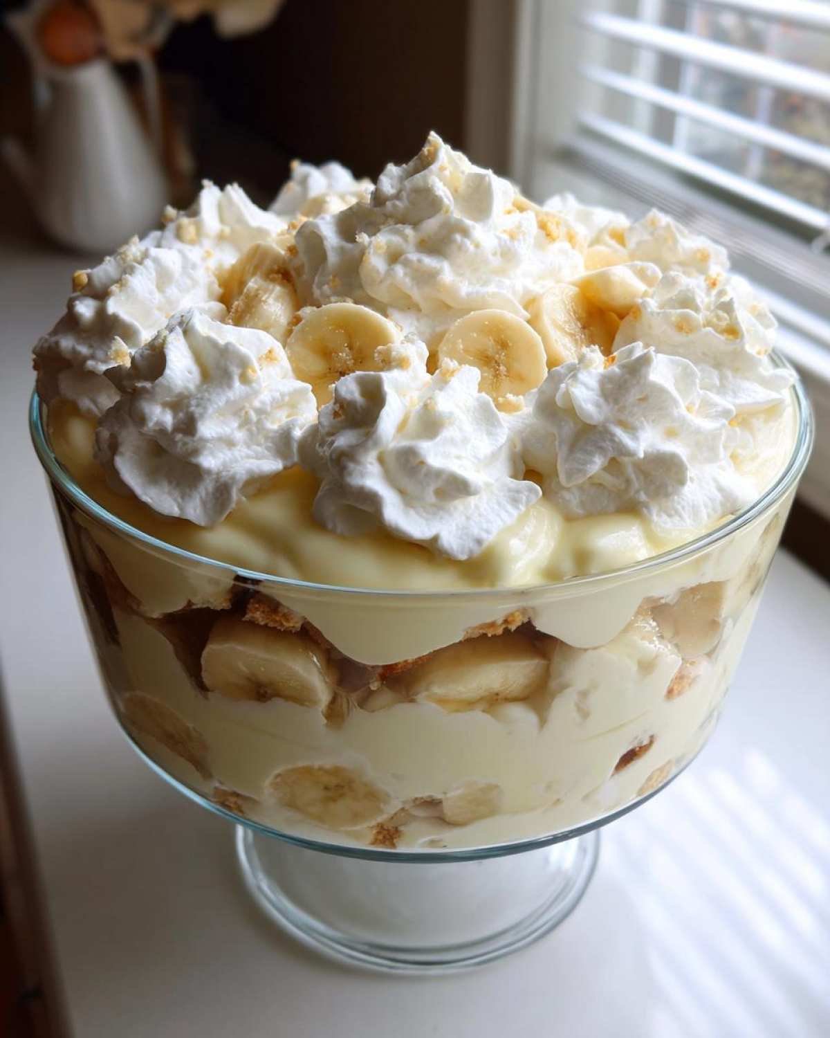A large glass trifle dish filled with layers of creamy banana pudding, sliced bananas, vanilla wafers, and topped with whipped cream.