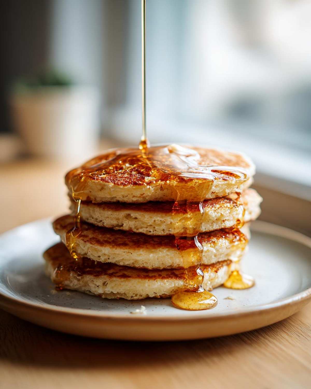 A tall stack of fluffy coconut flour pancakes being drizzled generously with golden syrup.