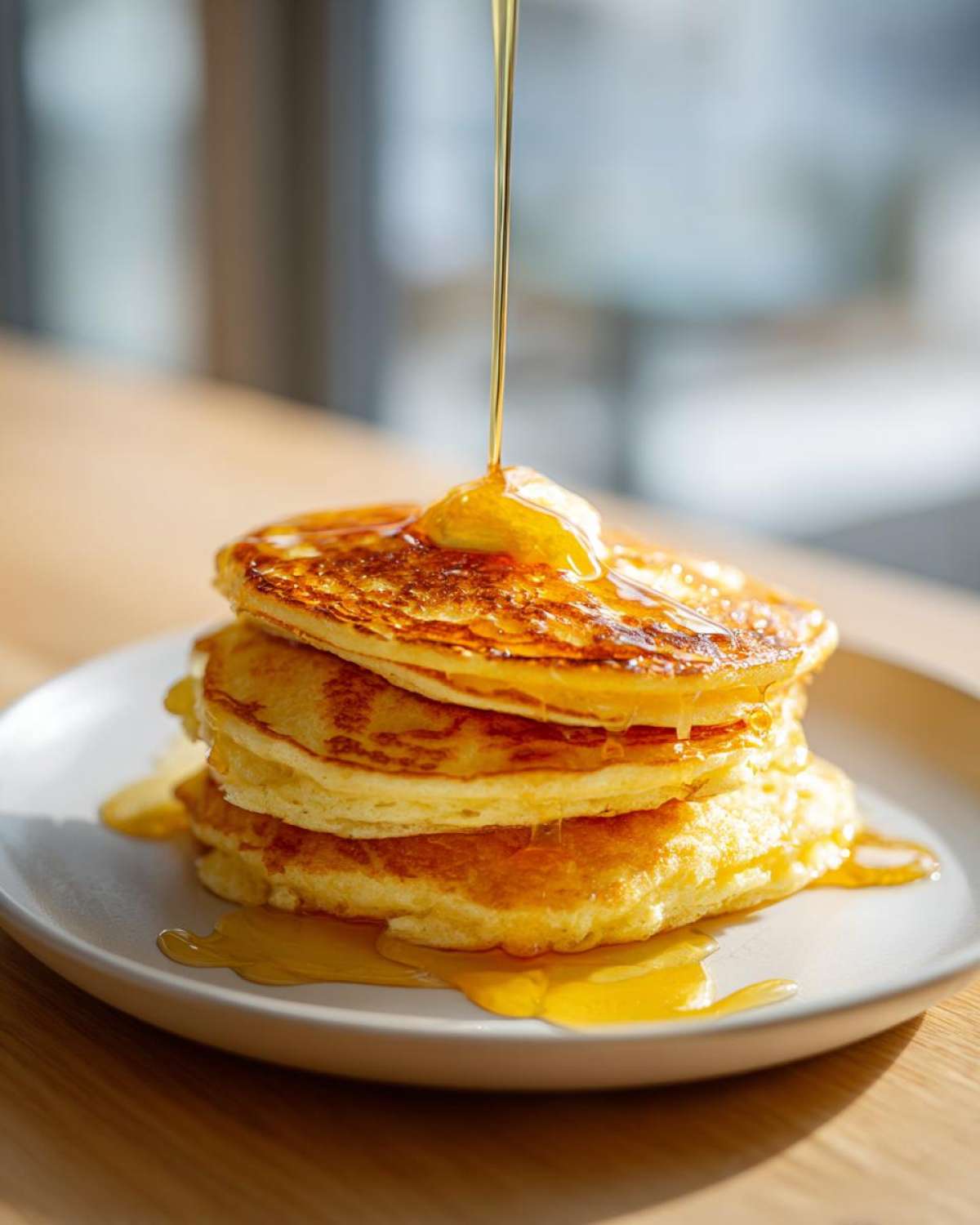 A stack of three golden coconut flour pancakes being drizzled generously with syrup or honey.