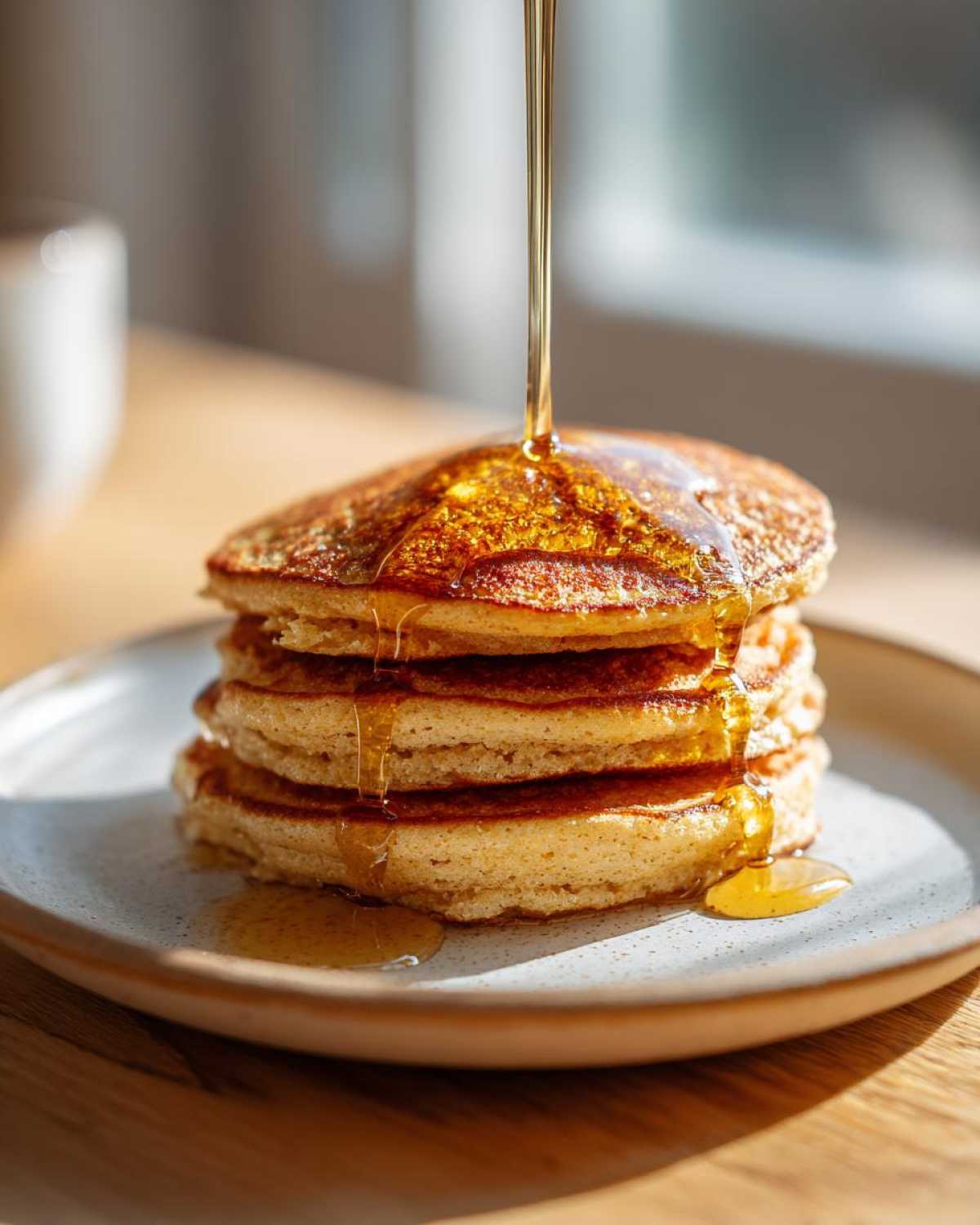 A tall stack of golden coconut flour pancakes being drizzled with maple syrup in bright morning light.