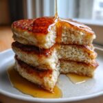 Close-up of a stack of four thick coconut flour pancakes being drizzled with golden syrup.