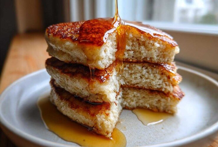 Close-up of a stack of four thick coconut flour pancakes being drizzled with golden syrup.