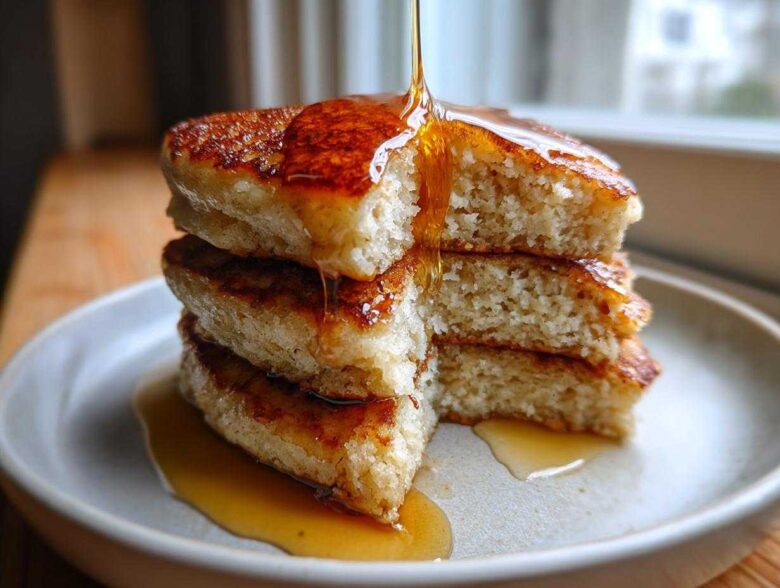 Close-up of a stack of four thick coconut flour pancakes being drizzled with golden syrup.