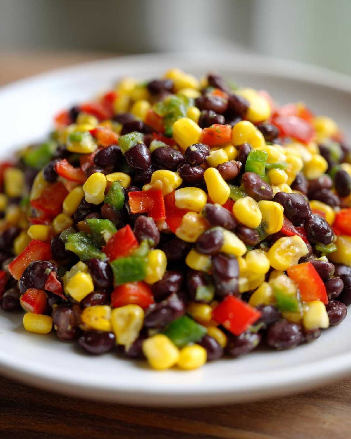 A close-up of vibrant cowboy caviar featuring black beans, yellow corn, and diced red and green peppers.